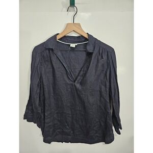 Olsen Women Navy Blue 100% Linen V-Neck 3/4 Sleeve Tunic Blouse Top Size M